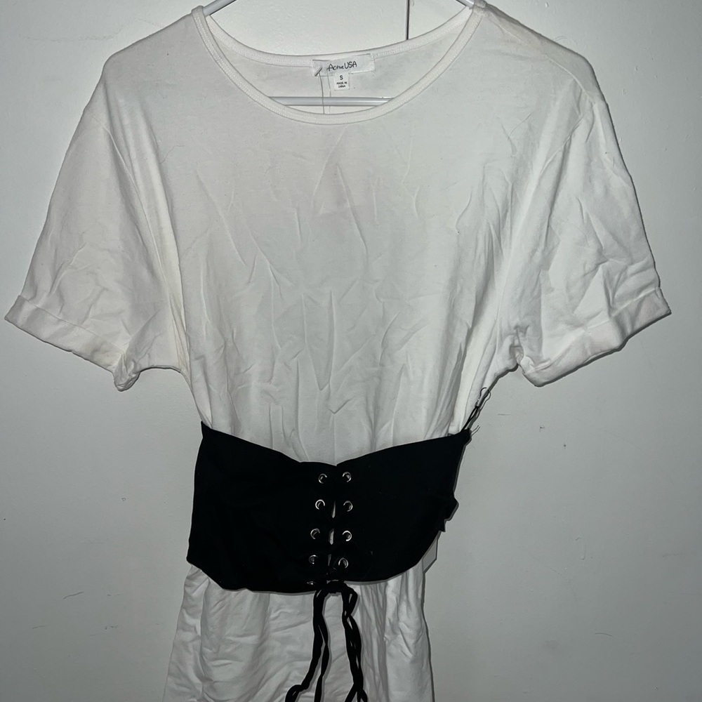 Active USA White Tee with Black Corset Detail